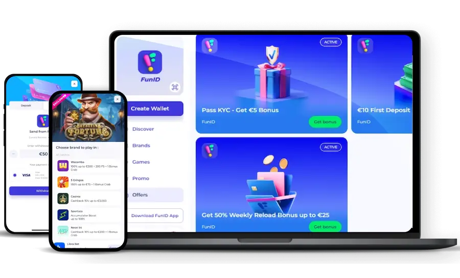 FunID-Digitale-Wallet-Oberfläche auf Laptop und Smartphone mit Boni und Zahlungsoptionen