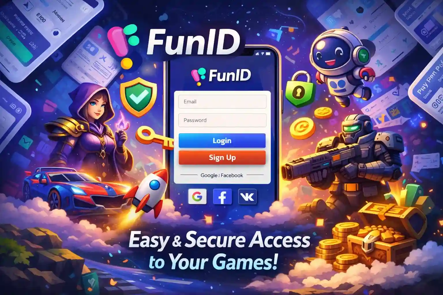 Illustration der FunID-Login-Oberfläche mit Bildschirmen der mobilen App, Spielelementen und dem Konzept des sicheren Kontozugriffs im modernen digitalen Stil