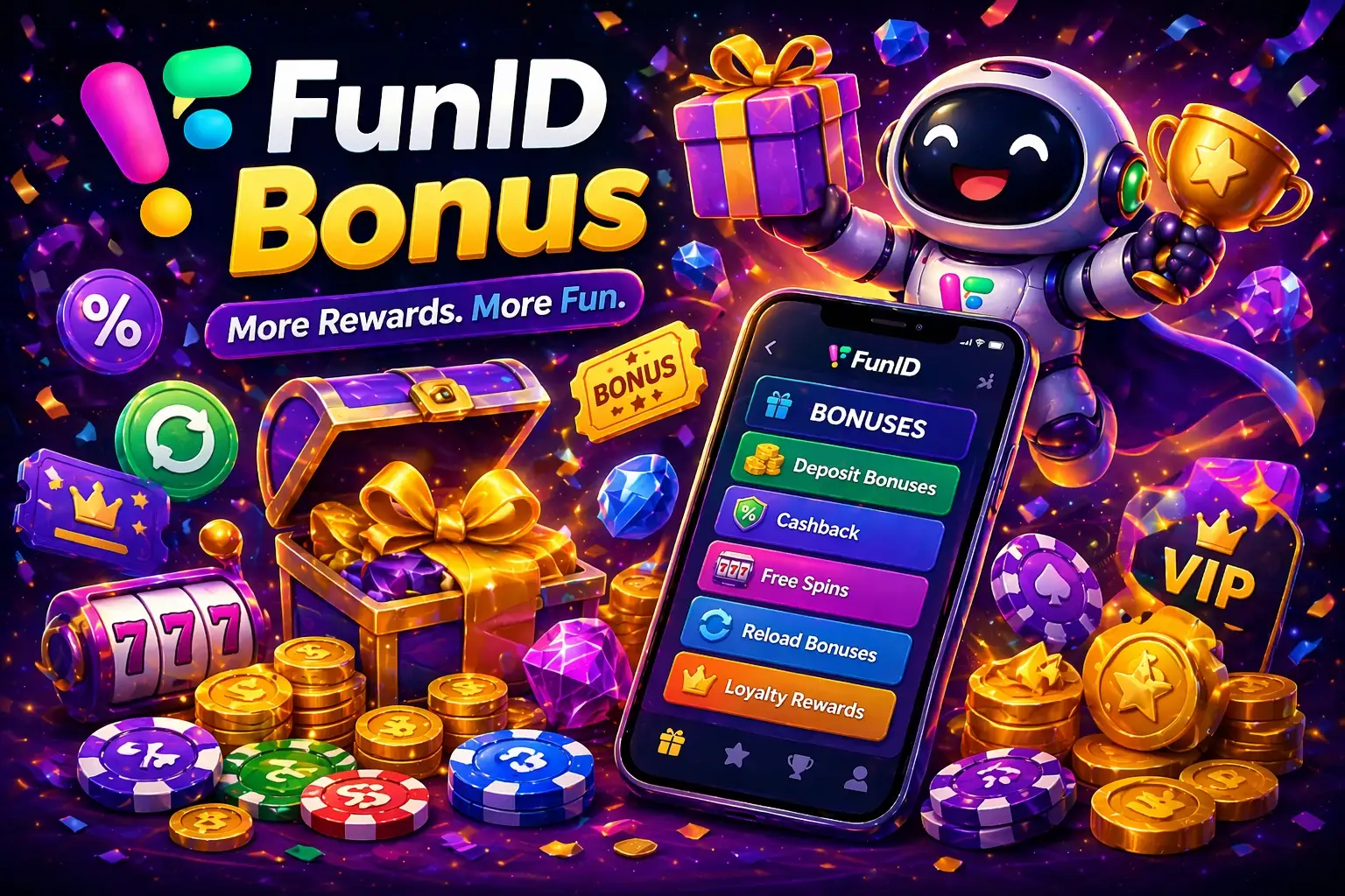 FunID-Bonus-Illustration mit Belohnungen, Münzen, Geschenken und Promo-Angeboten für deutsche Spieler in EUR