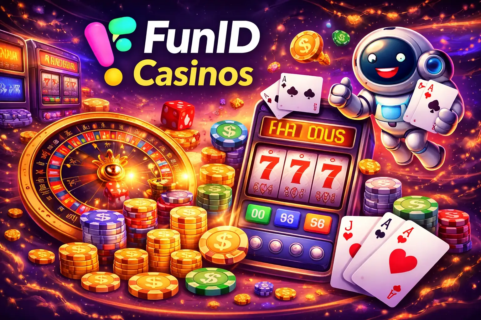 FunID-Casinos Illustration mit Markenlogo, Slot-Jackpot, Rouletterad, Pokerkarten und Mobile-Casino-Konzept