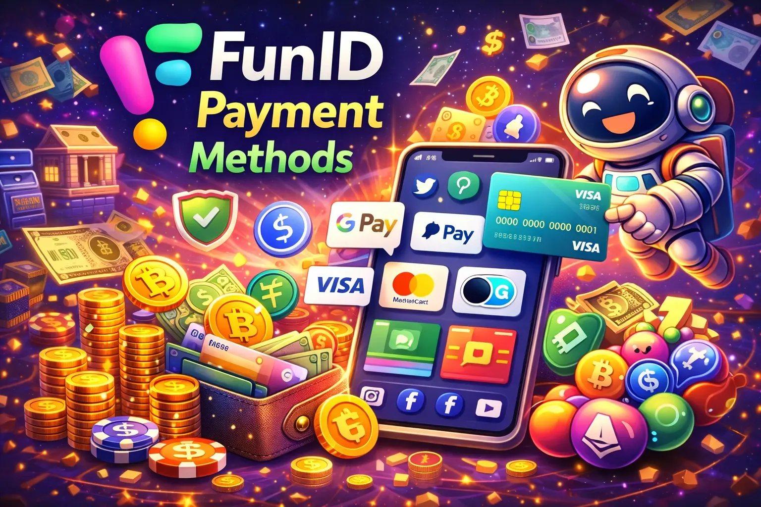 FunID-Zahlungsmethoden-Illustration mit Mobile Wallet, Kreditkarten, Kryptowährungen und sicheren Online-Transaktionen