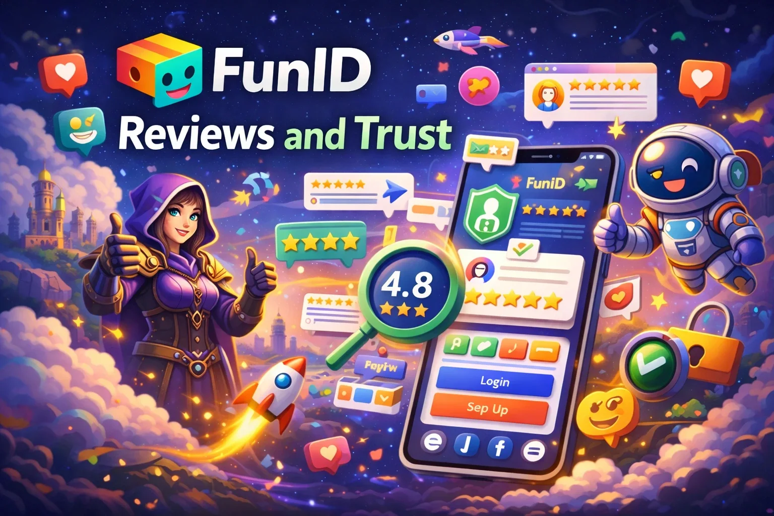 FunID-Bewertungen und Vertrauensillustration: Mobile-App-Oberfläche, Nutzerbewertungen, Stern-Rezensionen und Konzept eines sicheren Kontos